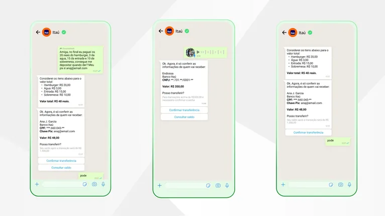 Telas do Itaú no WhatsApp