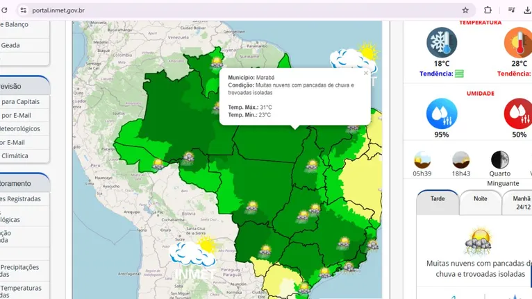 Previsão do tempo para Marabá na véspera de natal.