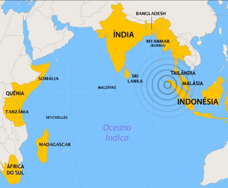 Todos os países em amarelo foram afetados pelas ondas gigantes do tsunami