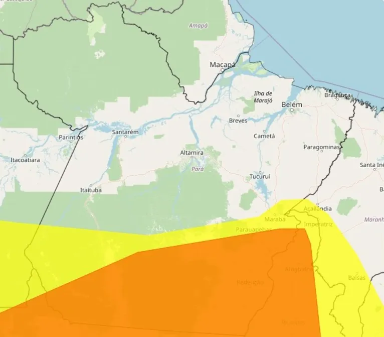 Confira as áreas de alerta amarelo e laranja no Pará