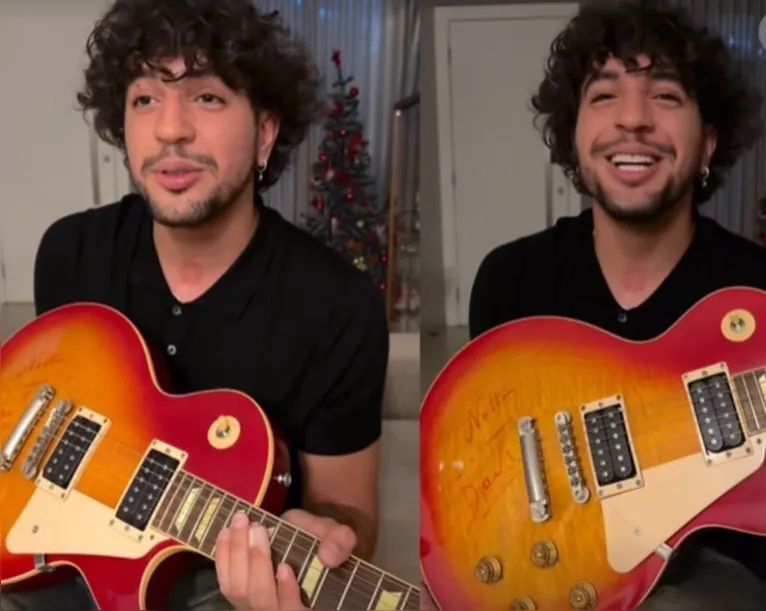 Rafa Kalimann realiza sonho de Nattan com guitarra assinada por Djavan