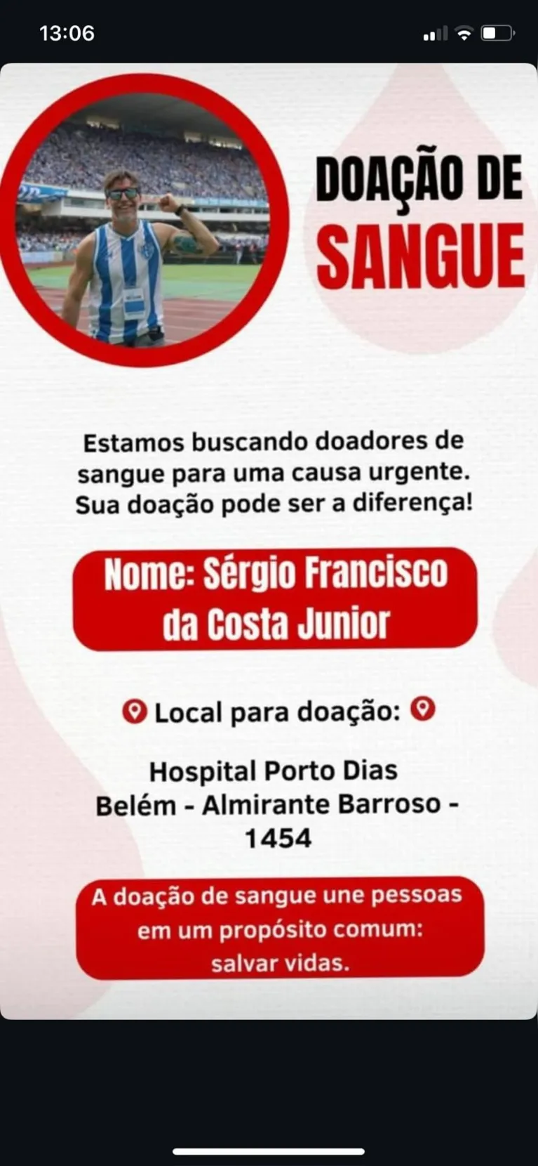 Família pede ajuda para doação de sangue em Belém