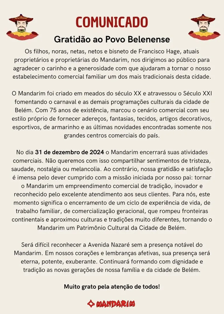 Após 75 anos, "O Mandarim" fecha as portas de vez em Belém