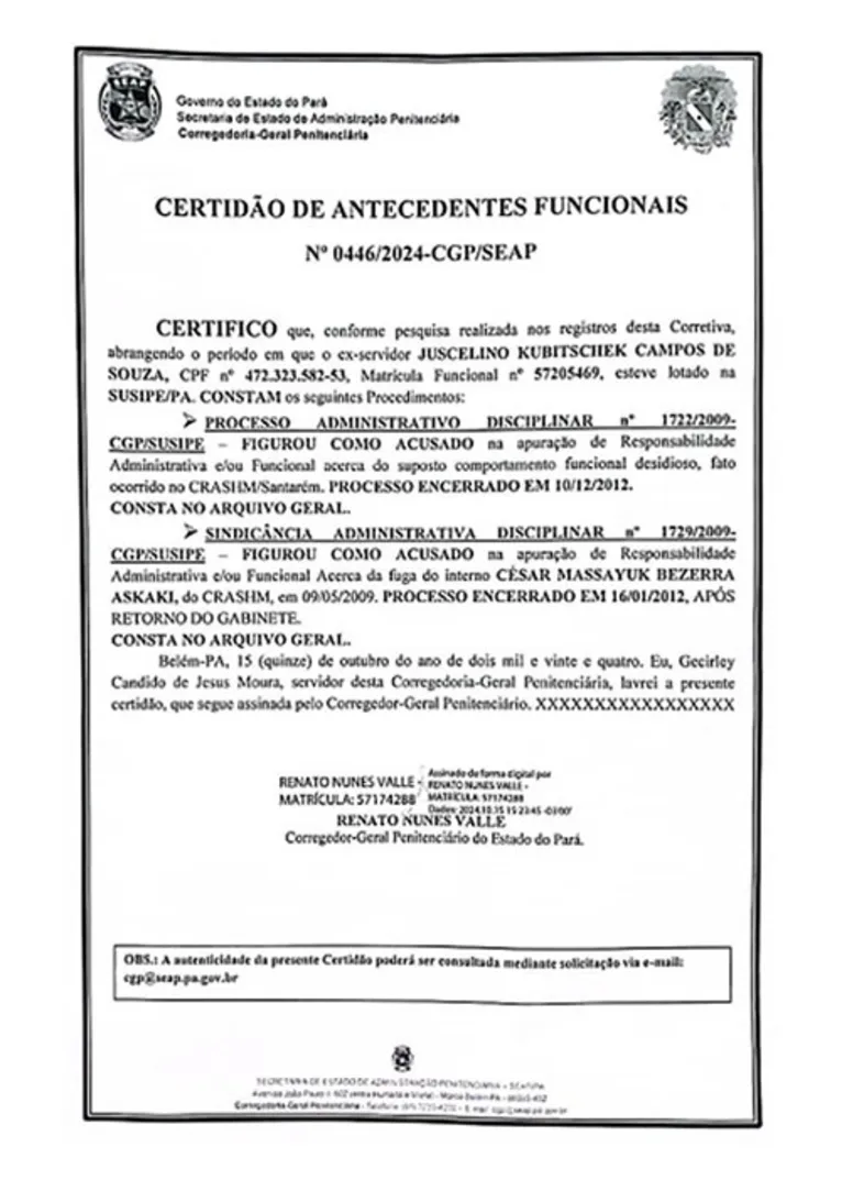 Documento que comprova que Juscelino Campos foi alvo de um Processo Administrativo e uma Sindicância Administrativa.