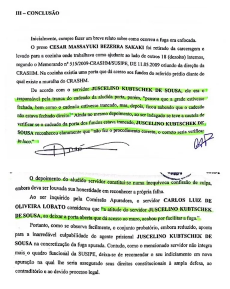 Documento da Susipe (atual Seap) mostra que Juscelino confessou o caso e que a Comissão Apuradora o considerou culpado.