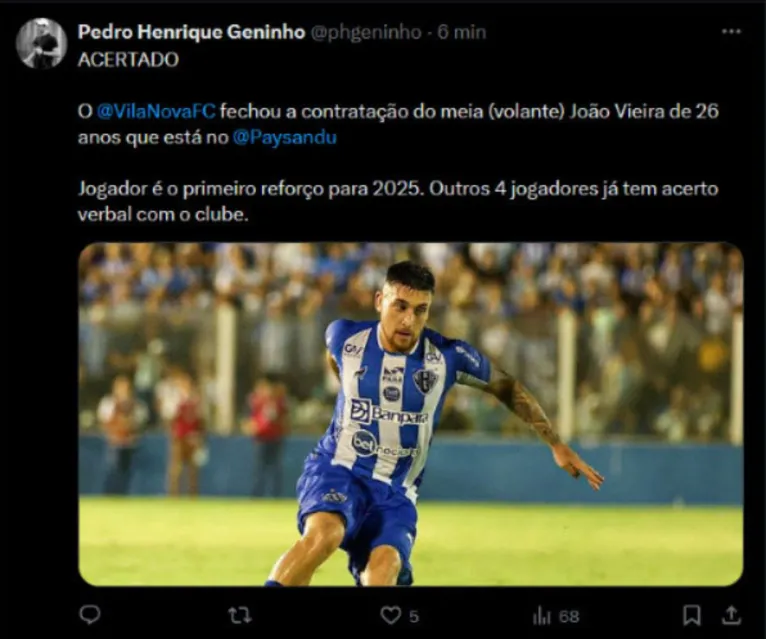 Noticia divulgado pelo jornalista Pedro Henrique Geninho, setorista do Vila Nova-GO.