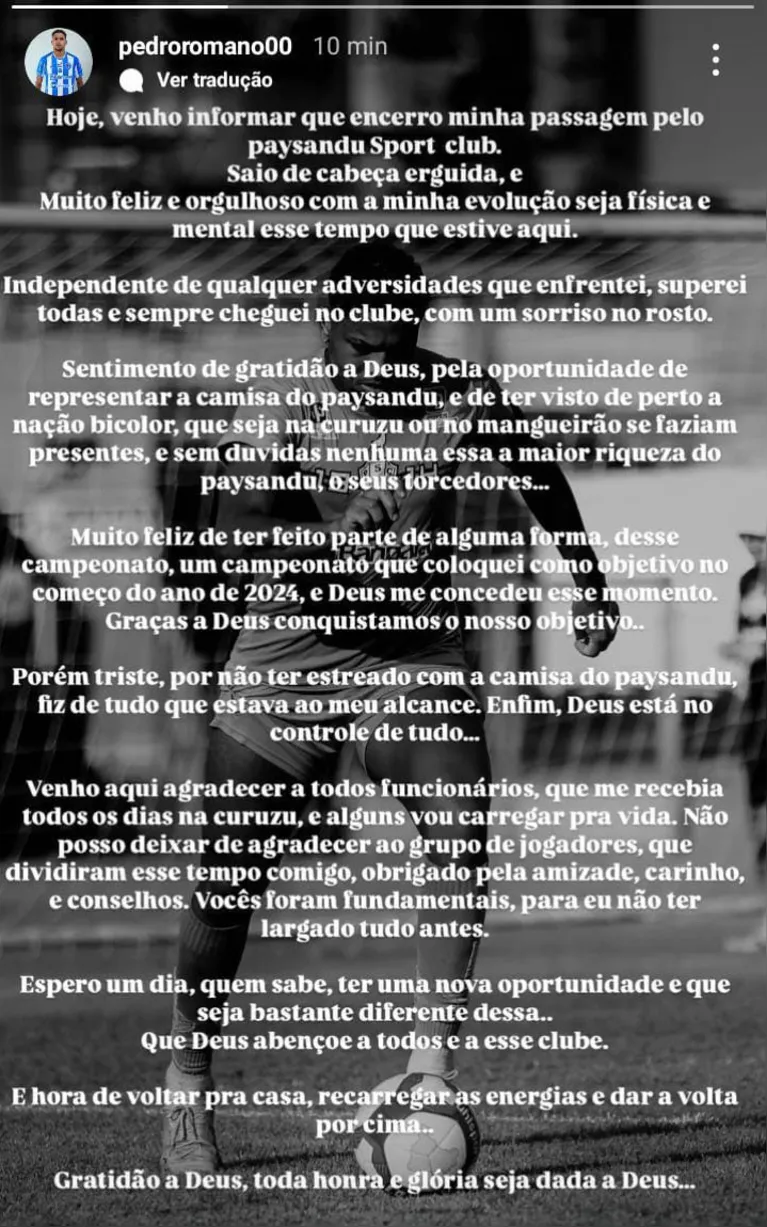 Postagem feota pelo zagueiro Pedro Romano, anunciandoque não seguirá no Paysandu em 2025.