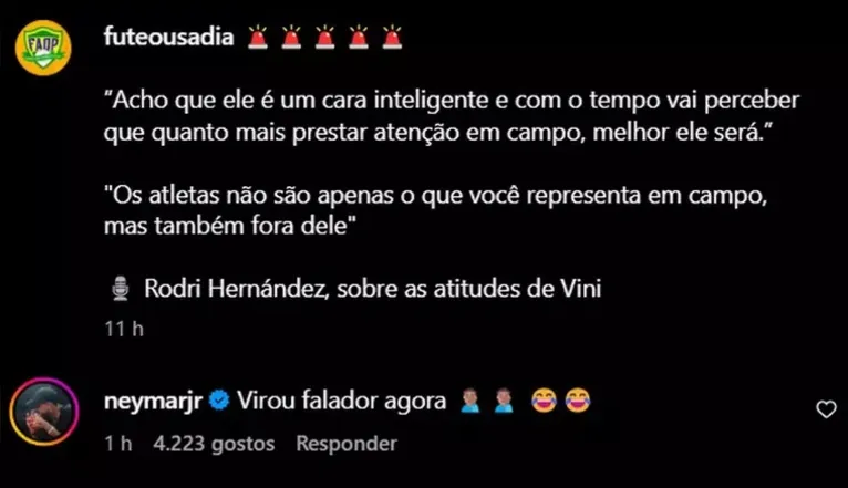 Neymar ironiza Rodri após declaração sobre Vini Jr.