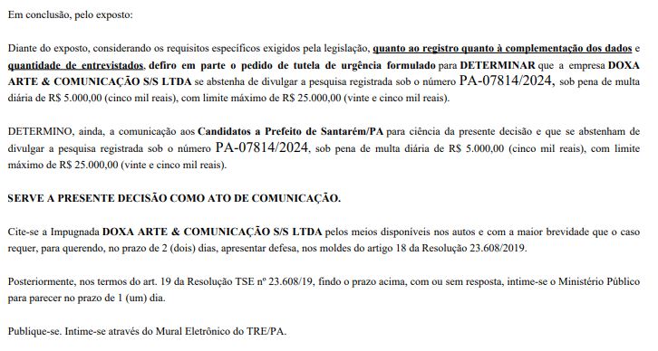 Trecho da decisão judicial da pesquisa realizada em Santarém