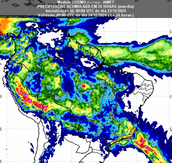 De acordo com informações do Instituto Nacional de Metereologia, Inmet, a chuva é conseqüência de “precipitação acumulada em 24 horas (mm/dia)”