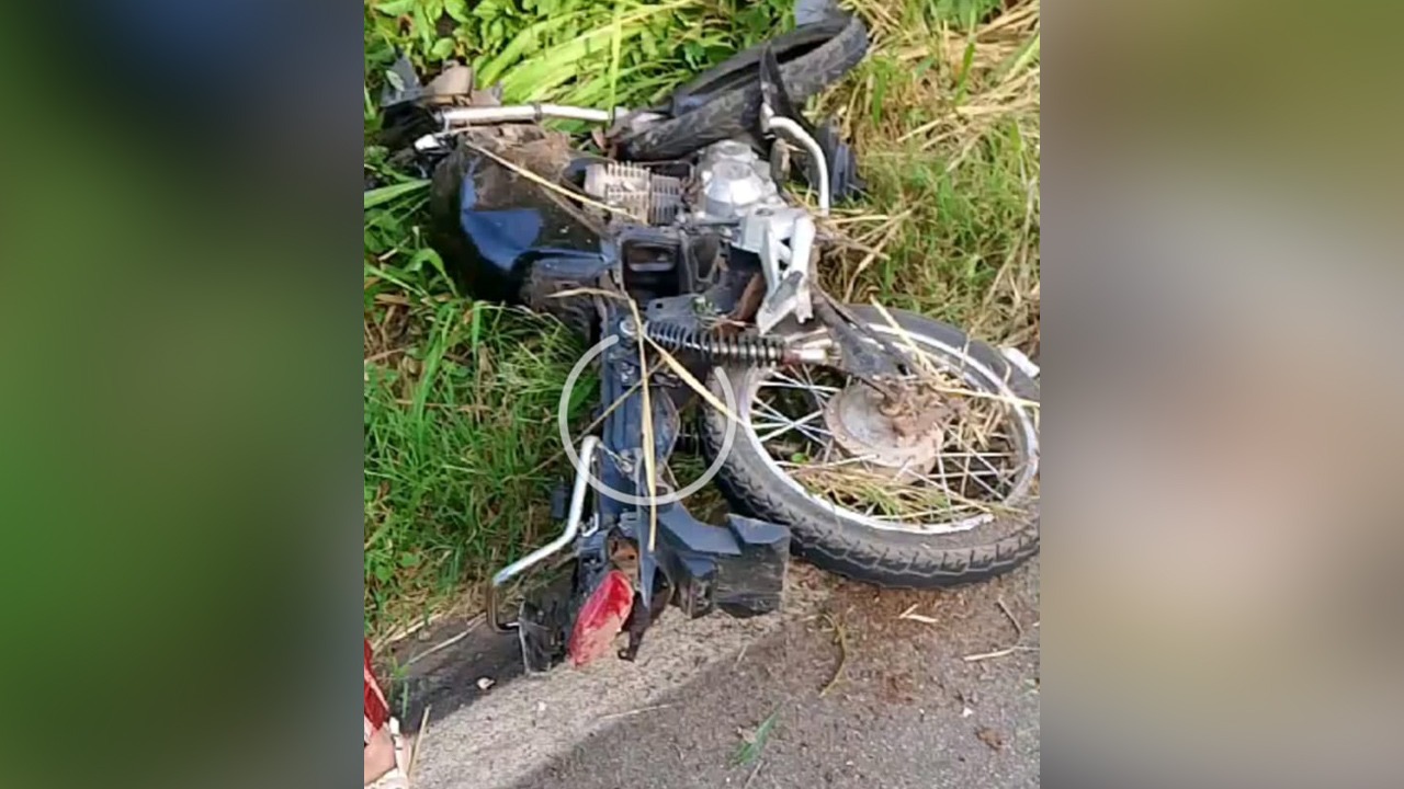 A moto ficou jogada no mato após a colisão