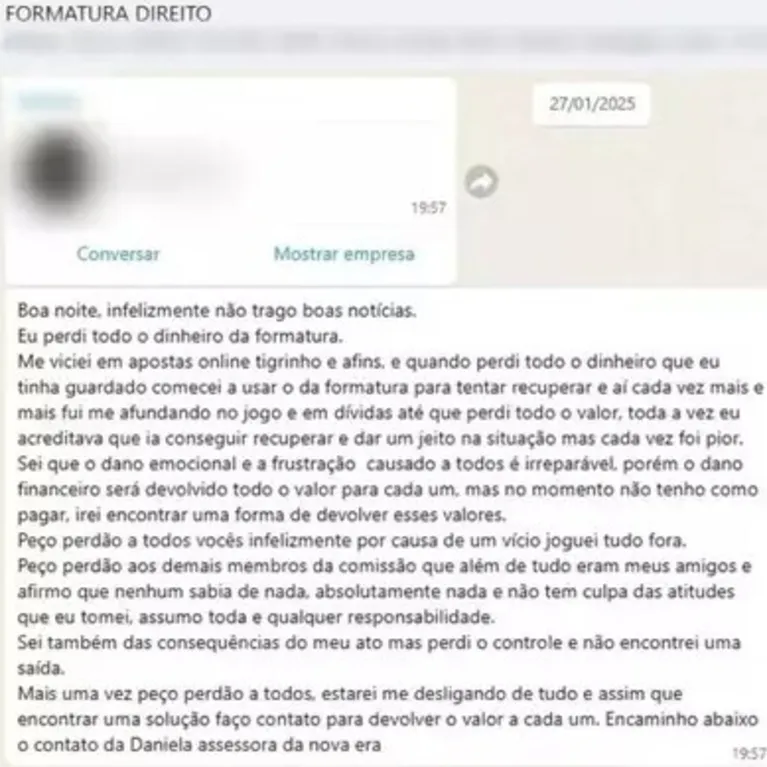 Estudante informou perda do dinheiro por mensagem para turma.