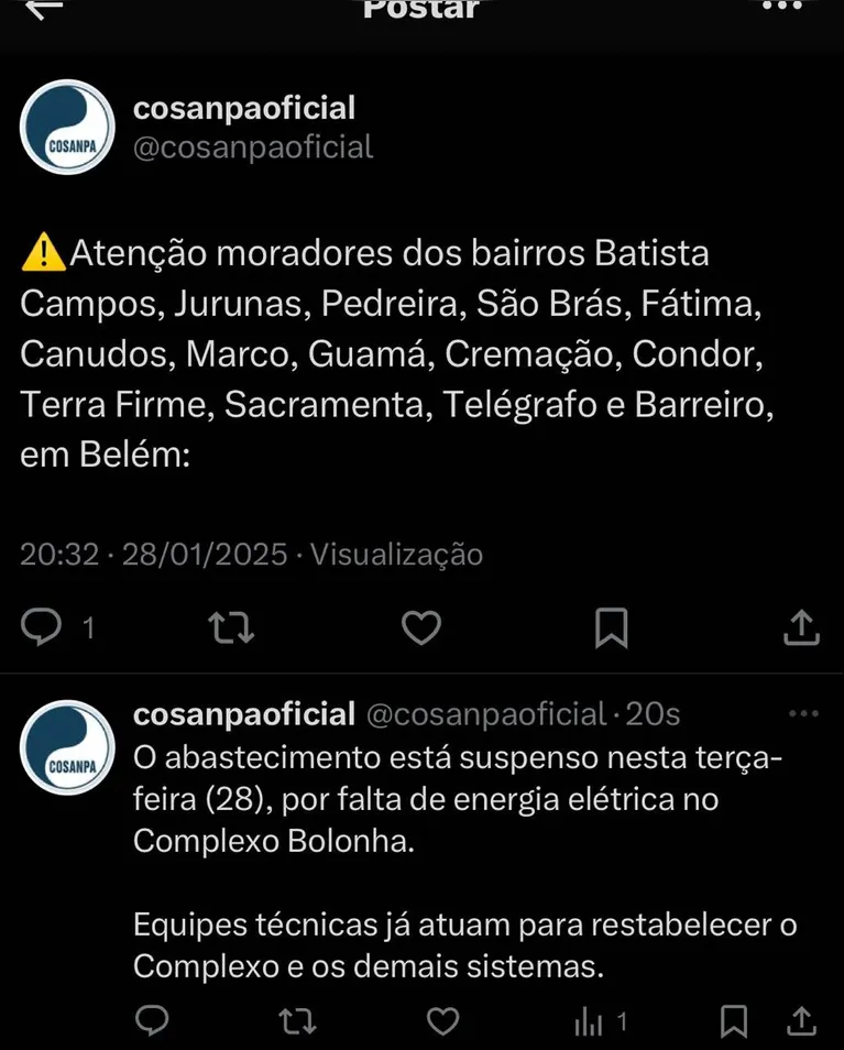 Cosanpa divulgou a falta de água nas redes sociais