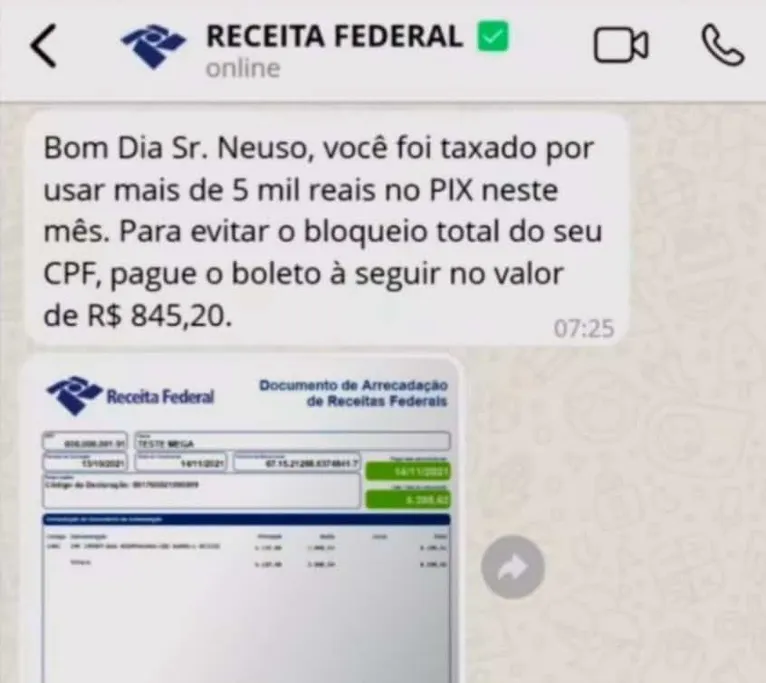 Criminoso tentando aplicar o golpe da taxação do Pix