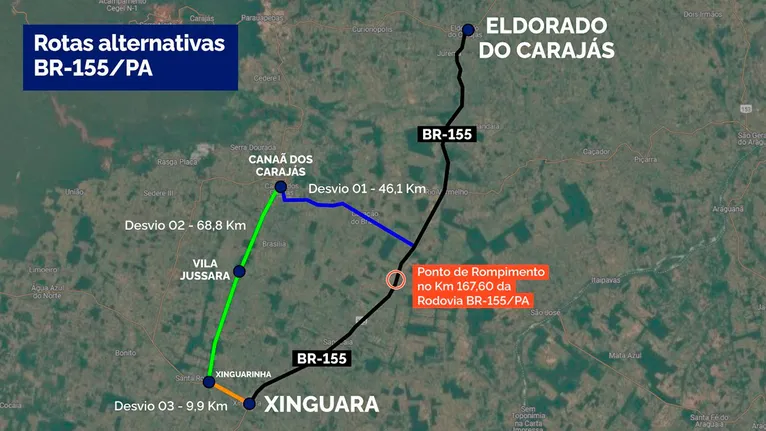 Rota alternativa para para contornar a situação da BR-155