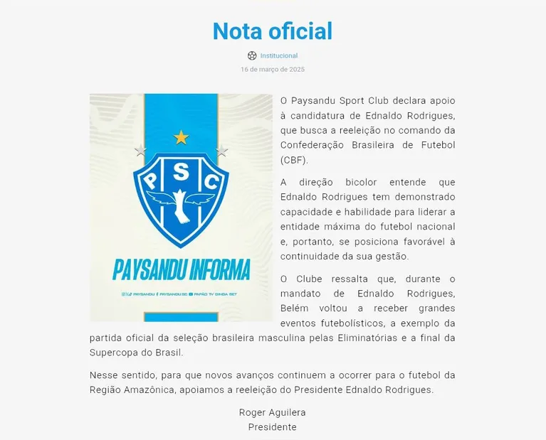 Clube do Remo e Paysandu declaram apoio a Ednaldo Rodrigues na CBF