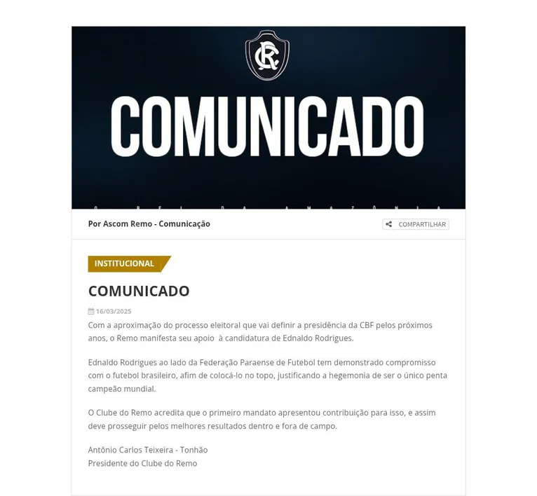 Clube do Remo e Paysandu declaram apoio a Ednaldo Rodrigues na CBF