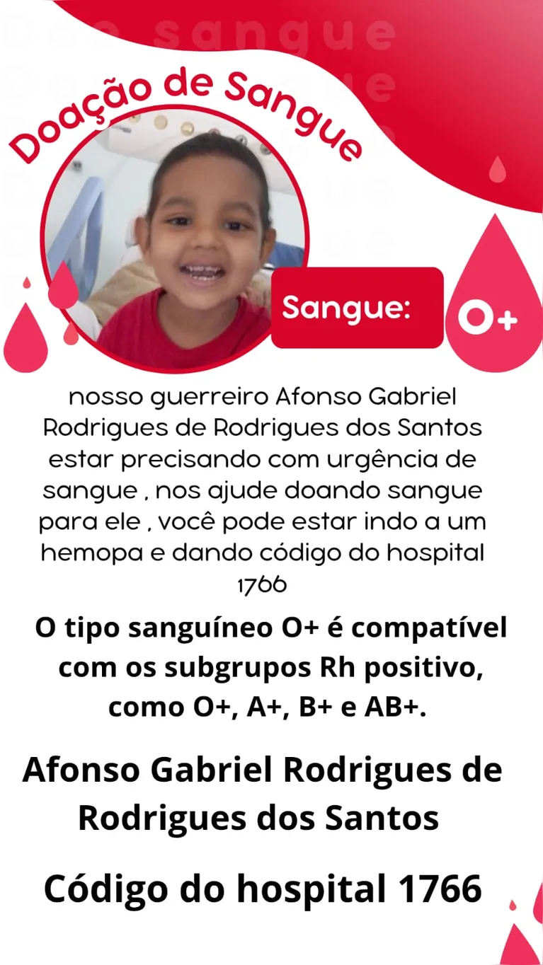 Família pede doação de sangue para criança com leucemia