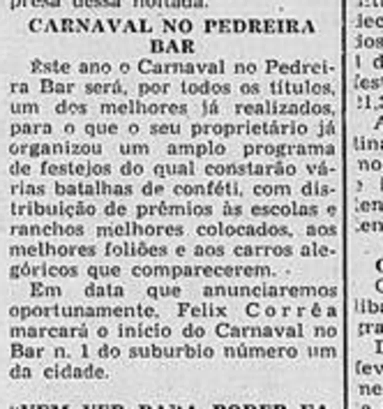 Uma das programações  de carnaval do Pedreira Bar em 1951: os jornais locais eram as principais ferramentas de divulgação da agenda festiva.