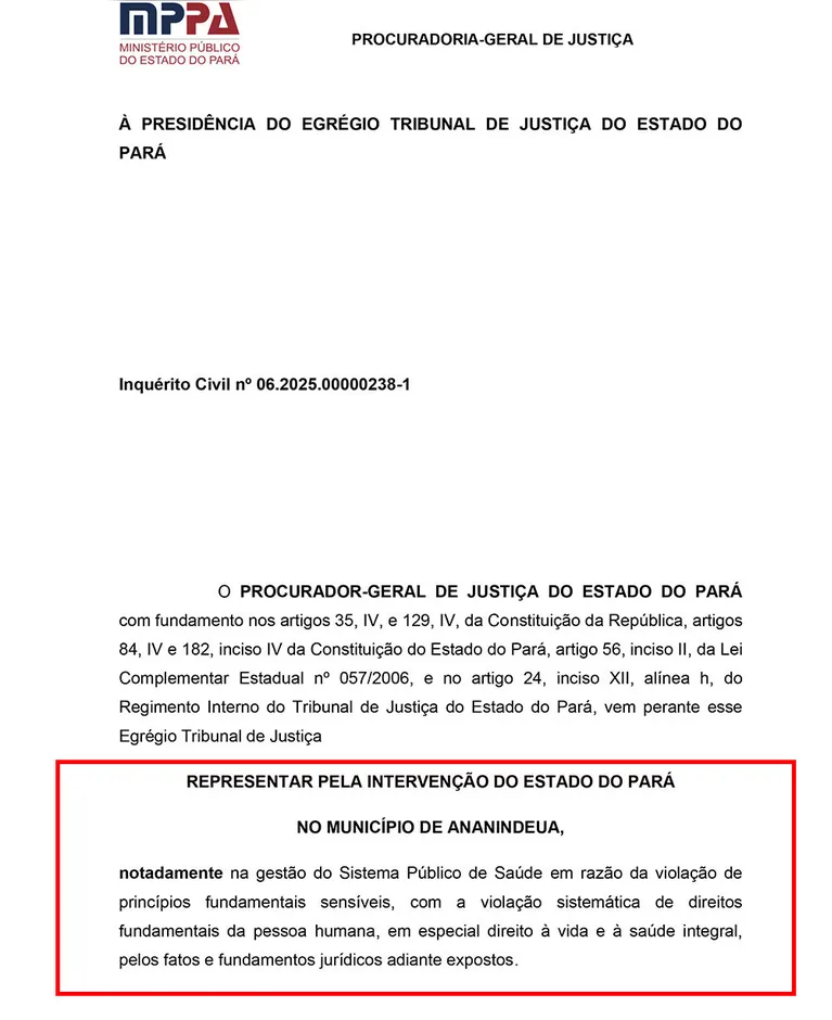 O documento protocolado pelo MPPA enaltece a precariedade e escândalos na Saúde ofertada pela prefeitura de Ananindeua.