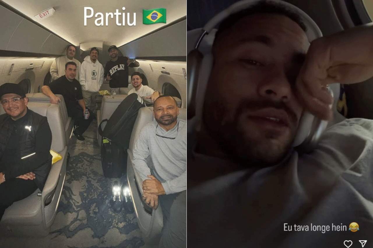 Neymar e companhia durante o longo voo que trouxe o craque de volta ao Brasil.