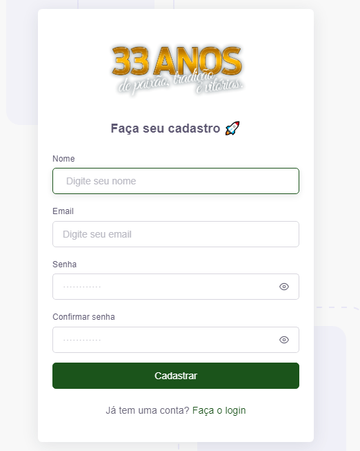 Na tela de cadastro, você insere seu nome completo, e-mail e cria uma senha com no mínimo 8 dígitos.