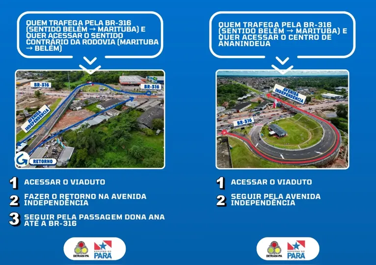 Para melhor esclarecer aos condutores sobre essa nova rota, o Detran preparou um material explicativo detalhando o trajeto e itinerário tanto para quem transita na BR no sentido Marituba e deseja acessar a avenida Independência ou retornar para Belém, quanto para quem está na avenida Independência e deseja acessar a BR ou ir para Marituba.