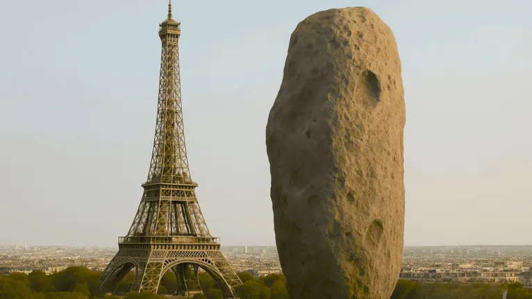 Representação artística elaborada com Inteligência Artificial mostra um asteroide de tamanho comparado ao da Torre Eiffel, em Paris, na França.