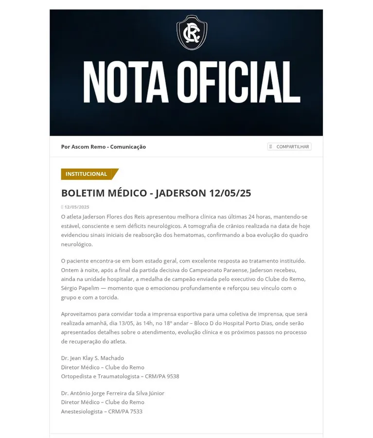 Remo: Jaderson recebe medalha de campeão paraense no hospital