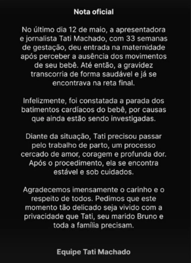 Equipe de Tati Machado divulga nota sobre perda da apresentadora.