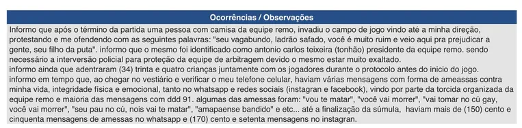 Súmula oficial da partida