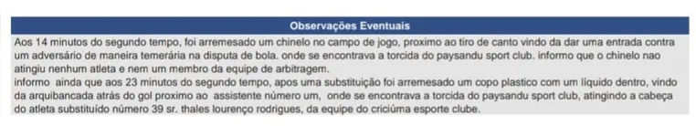Árbitro André Luiz Skettino Policarpo Bento (MG) carregou a súmula