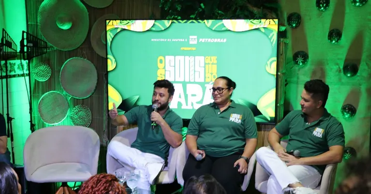 Tayana dos Santos, diretora executiva e curadora do festival, Rolon Ho e Rhenan Sanches, embaixadores do evento, durante a noite de lançamento do "Os Sons que Vêm do Pará".