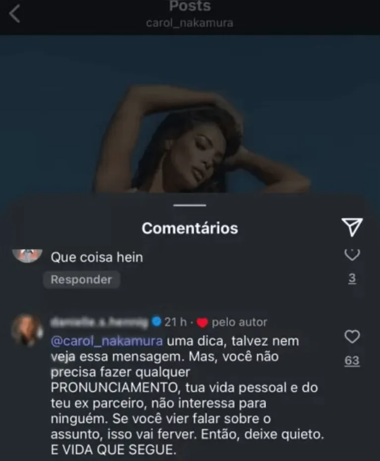 Carol Nakamura curte comentário de internauta no Instagram.