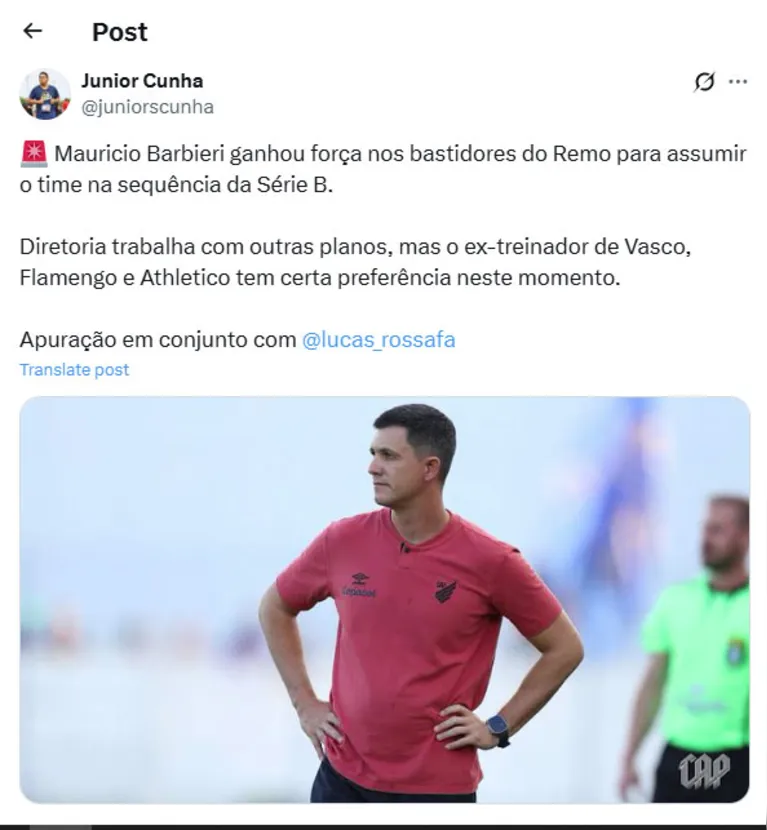 Livre no mercado, Barbieri surge como favorito para assumir o comando do Remo após a saída de Daniel Paulista.