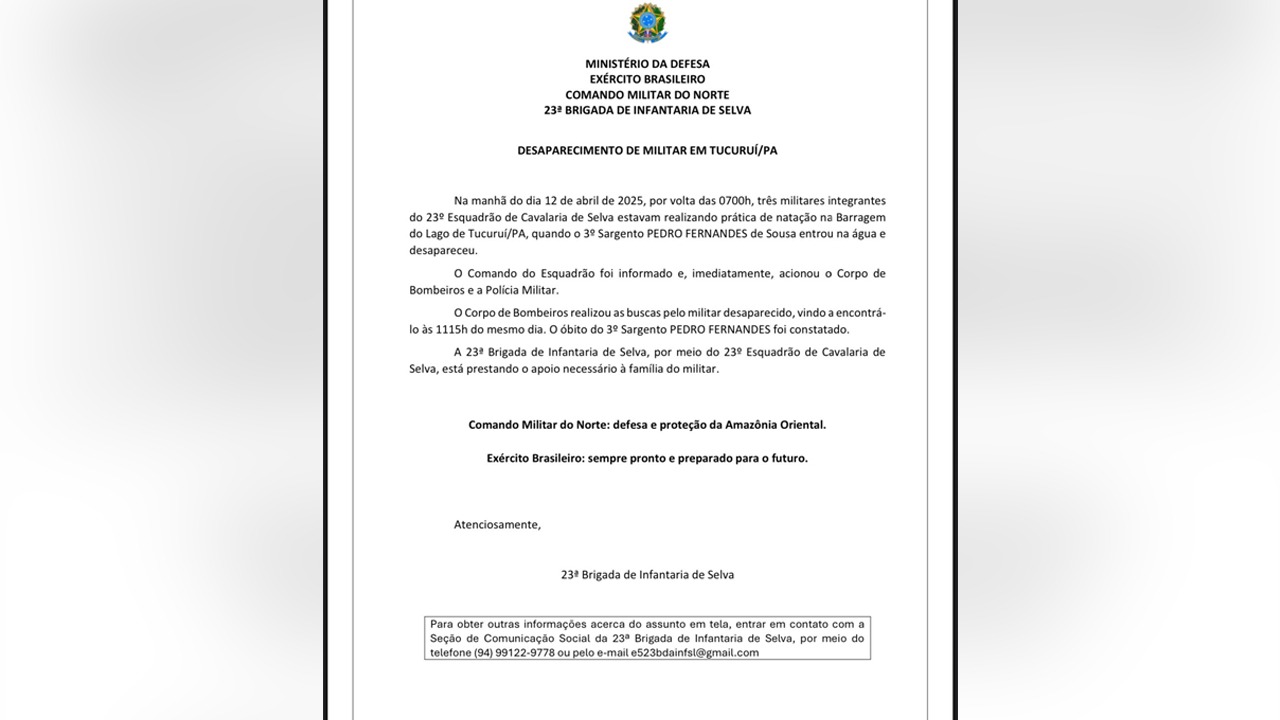 Em comunicado, o Exército Brasileiro lamentou profundamente a perda do sargento Pedro Fernandes e afirmou que está prestando todo o apoio necessário à família enlutada.