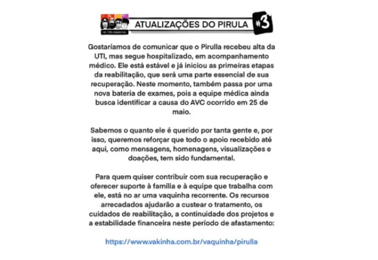 Pirulla deixa UTI e inicia reabilitação após AVC