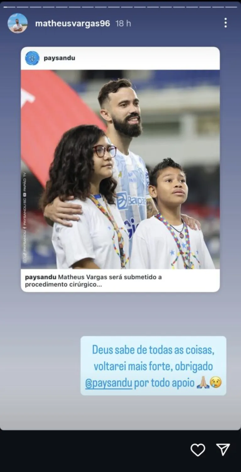 Vargas, do Paysandu, agradece apoio e diz: "voltarei mais forte"
