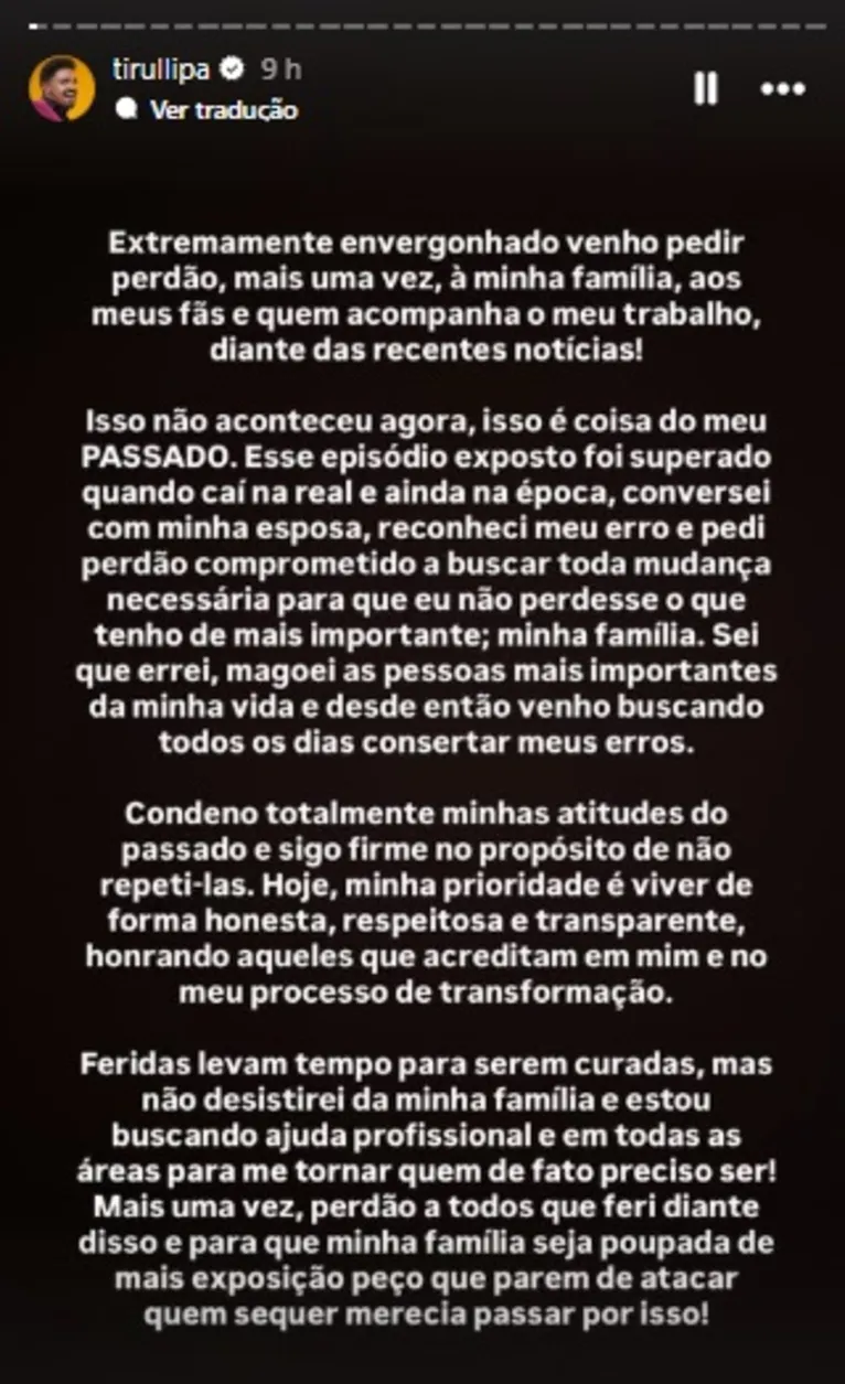 "Não desistirei da família", diz Tirullipa após traição
