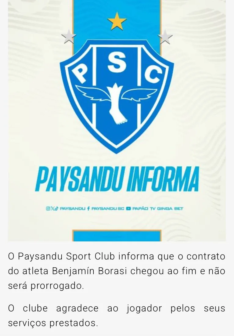Paysandu confirma saida de Borasi para jogar no Criciúma