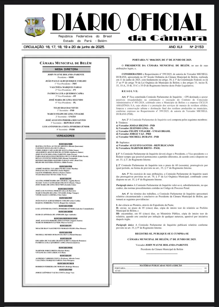 Câmara de Belém instala CPI para investigar contrato com a Ciclus