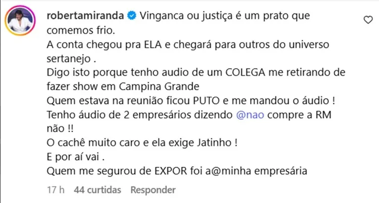 Roberta Miranda detona Dona Ruth, mãe de Marília Mendonça