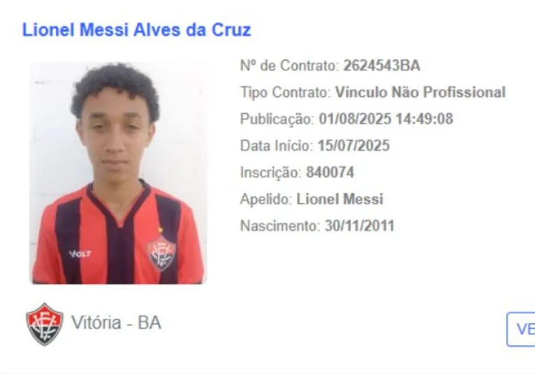 Lionel Messi é inscrito como jogador do Vitória e já está no BID da CBF