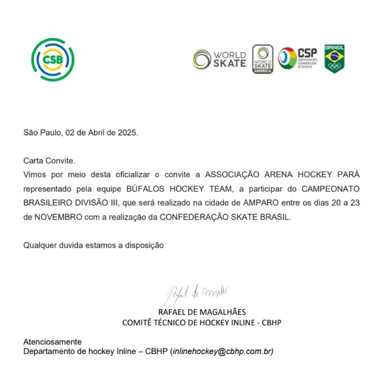 Carta Convite do comitê técnico de hockey