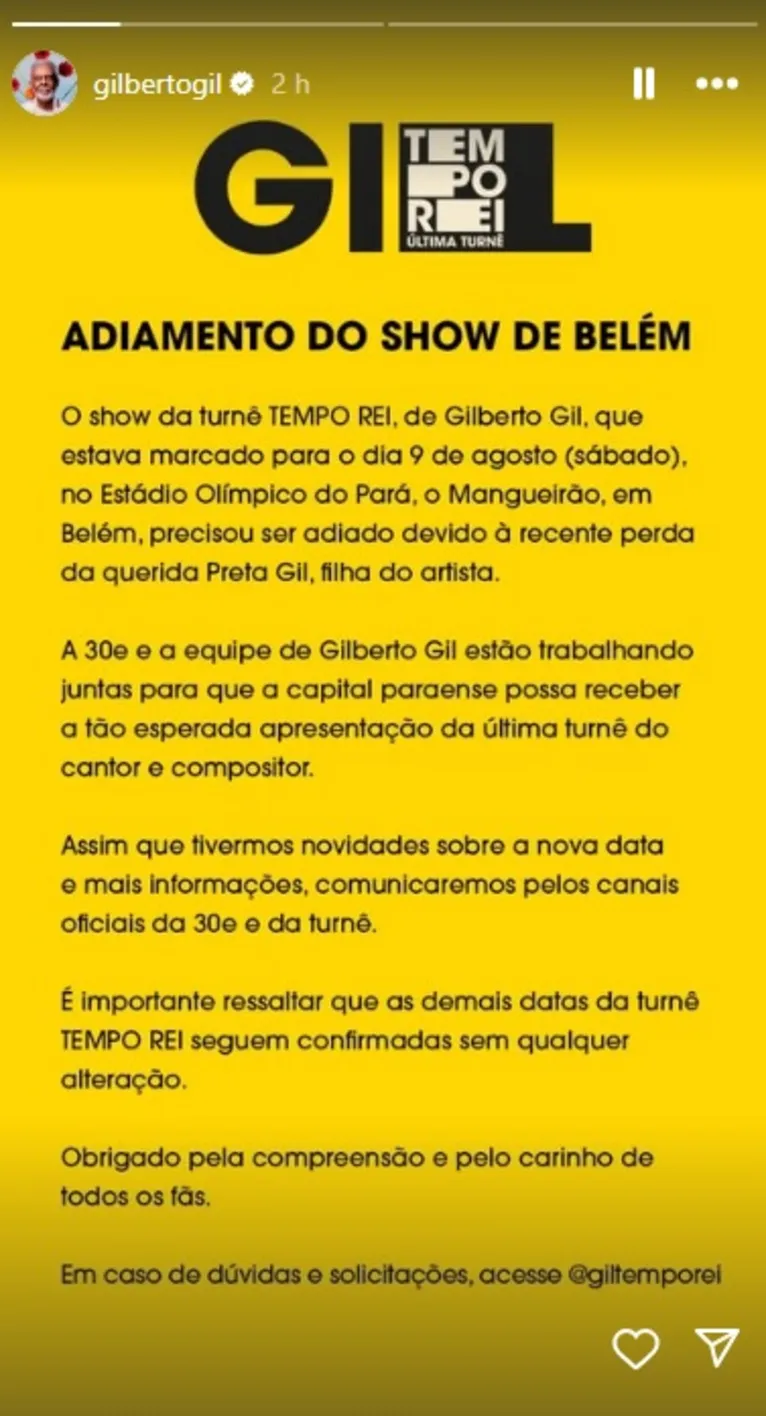 Gilberto Gil adia show em Belém após morte de Preta Gil