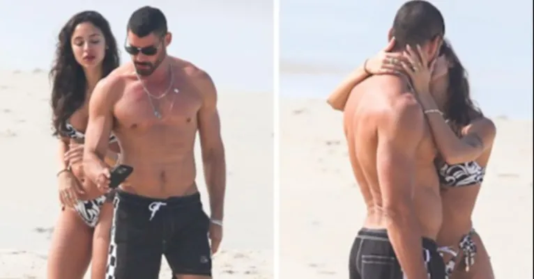 Luana Mandarino e Cauã Reymond em clima de romance em praia do litoral carioca.