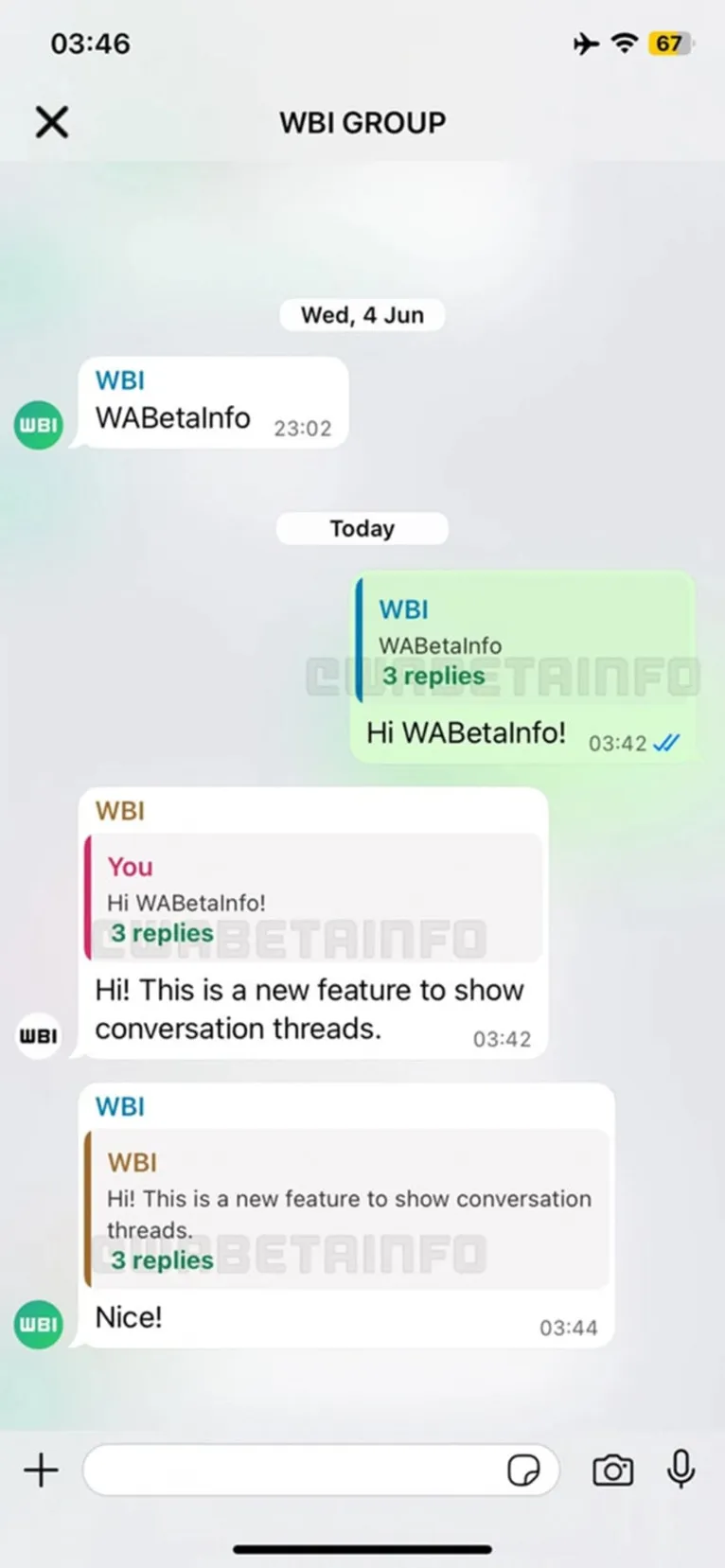 Mensagens encadeadas dentro de um chat em grupo no WhatsApp