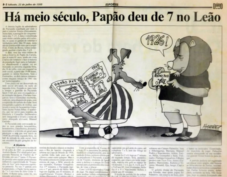 Reportagem de 1995 contando como foi o clássico que terminou 7 x 5 ao Papão