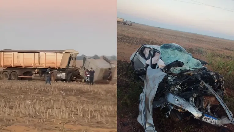 A colisão entre a carreta e carro foi violenta e deixou os os ocupante do veículo menor presos às ferragens.