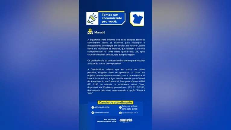 Comunicado oficial da Equatorial Pará.